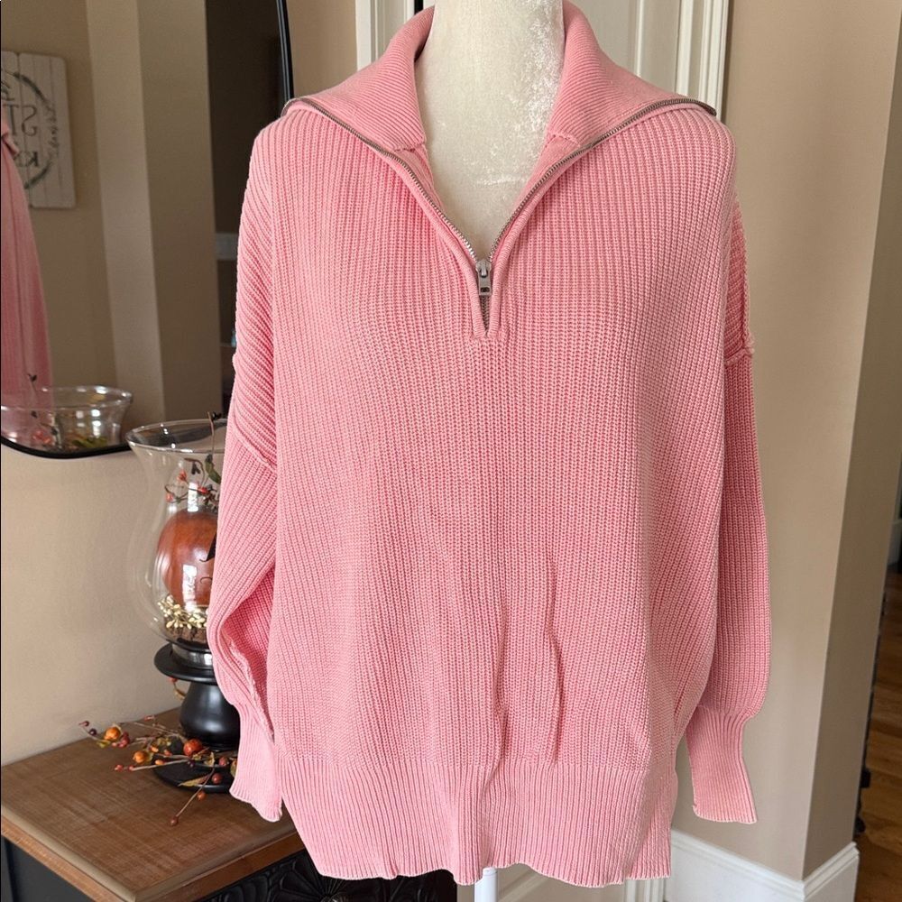 Aerie Quarter-Zip Collared Cotton Sweater Rib Knit Pink – Size XS